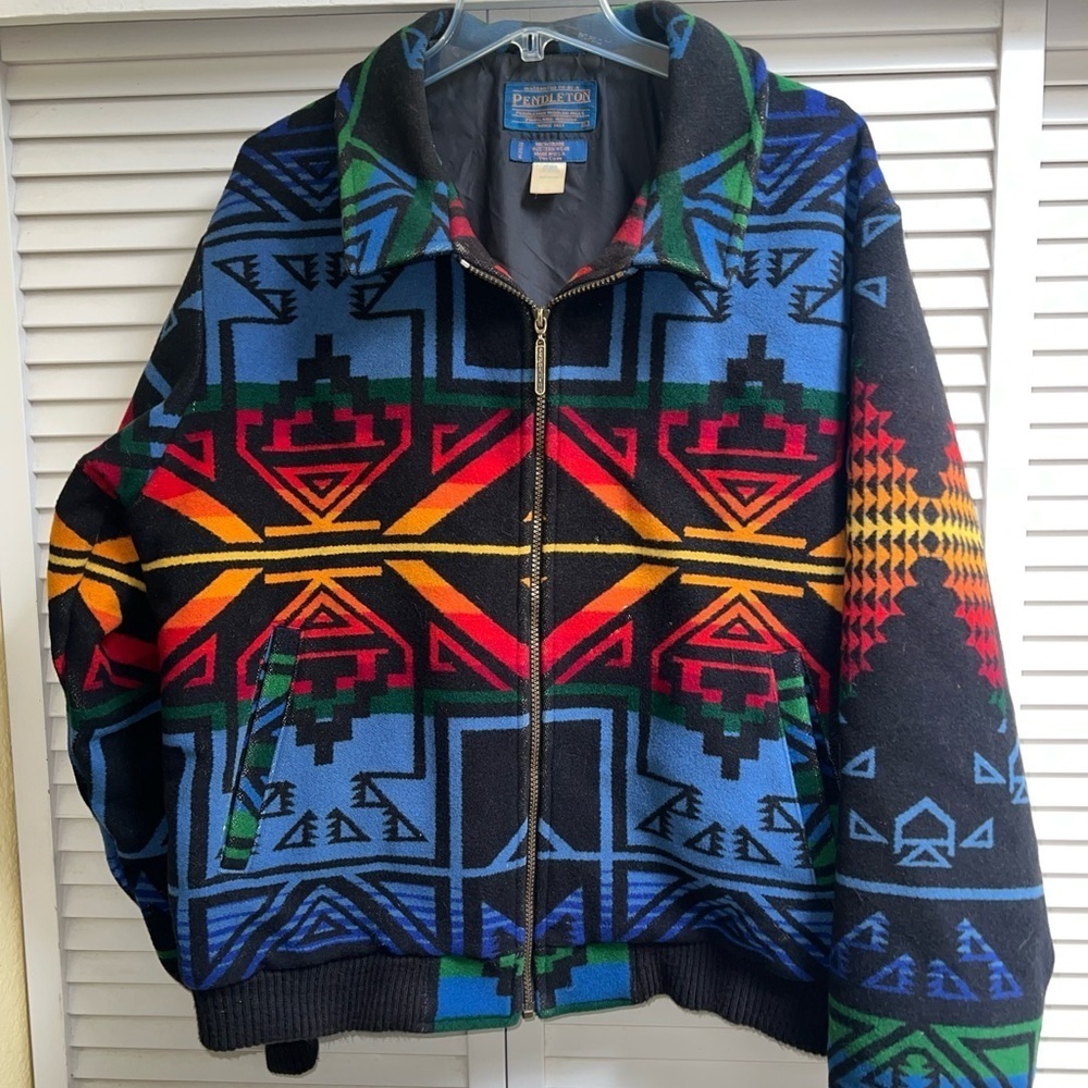 Vintage Aztec Print PENDLETON Women’s Sz L Wool Bomber Jacket Rare - Picture 15 of 16